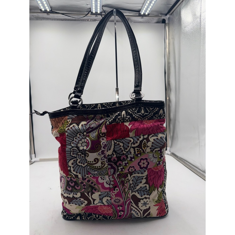 Vera Bradley Patchwork Floral Paisley Quilted Tote Bag Black Patent Trim Pink